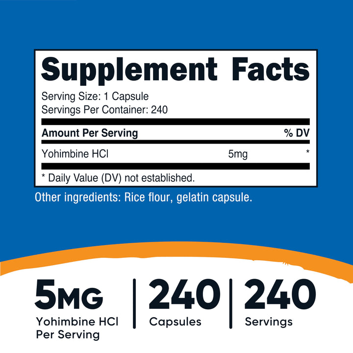 Yohimbine HCl 5mg, 240 Capsules Extra Strength - Gluten Free, Non-GMO