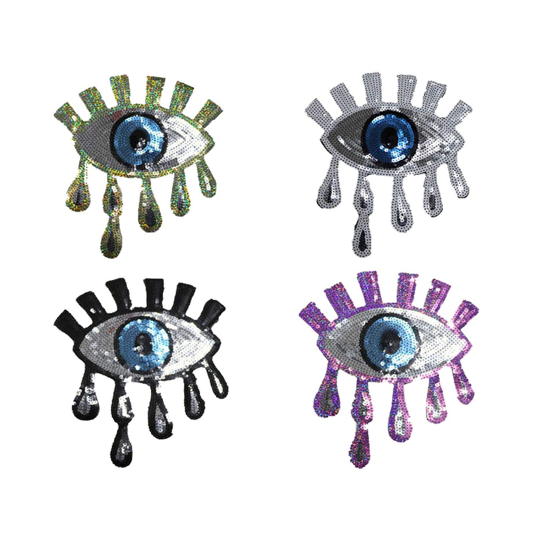 4 Pieces Large Blue Eyes Iron on or Sew on Blue Sequins Patches Embroidered Sequins Glitter Punk Patches for Clothing Jeans T-Shirt DIY Motif Applique(Silver, Gold, Purple, Black)