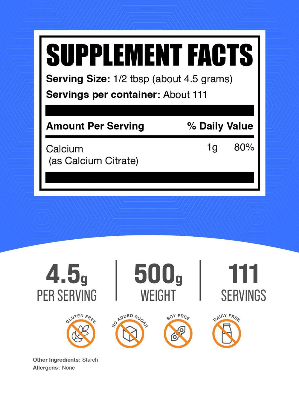 .com Calcium Citrate Powder - Calcium Supplement, High Bioavailable - Unflavored & Gluten Free, 4.5g per Serving, 500g (1.1 lbs) (Pack of 1)