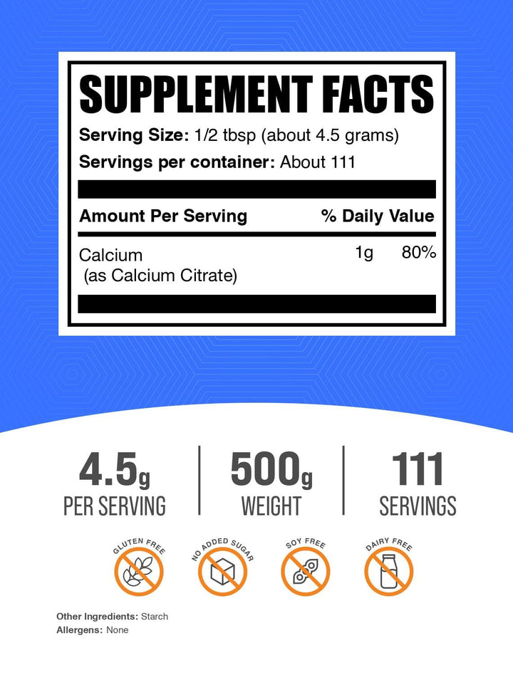 .com Calcium Citrate Powder - Calcium Supplement, High Bioavailable - Unflavored & Gluten Free, 4.5g per Serving, 500g (1.1 lbs) (Pack of 1)