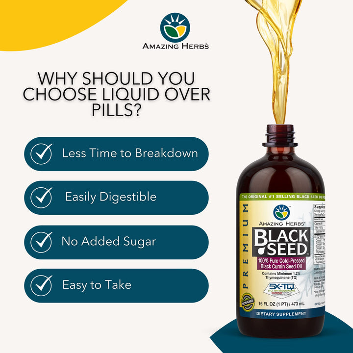Premium Black Seed Oil - Cold Pressed Nigella Sativa Aids in Digestive Health, Immune Support, Brain Function, Joint Mobility, Gluten Free, Non GMO - 16 Fl Oz