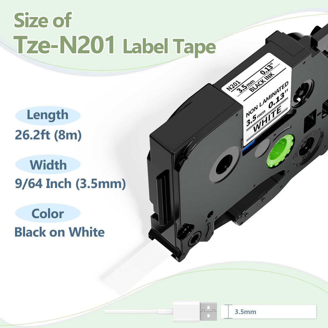3.5mm Label Tape Replacement for Brother TZe Tape TZe-N201 Black on White 3.5mm P-Touch Label Maker Tape Compatible with Brother P-Touch PTD210 PTD220 PTH110, 4-Pack