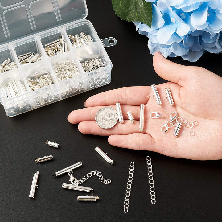 Pandahall 100pcs Silver Tube Brass Slide On End Clasp with Alloy Lobster Claw Clasps and Stainless Steel Open Jump Ring Iron Twist Extender Chains for Jewelry Making