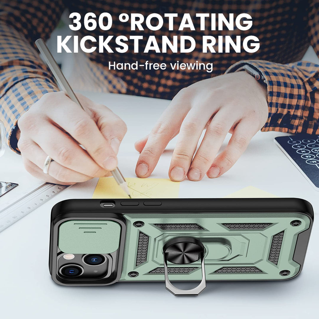 Compatible with iPhone 13 Kickstand Case, iPhone 13 Case with Slide Camera Cover, Built-in 360° Rotate Ring Stand Magnetic Cover Case for iPhone 13 6.1 inch 2021 - Green