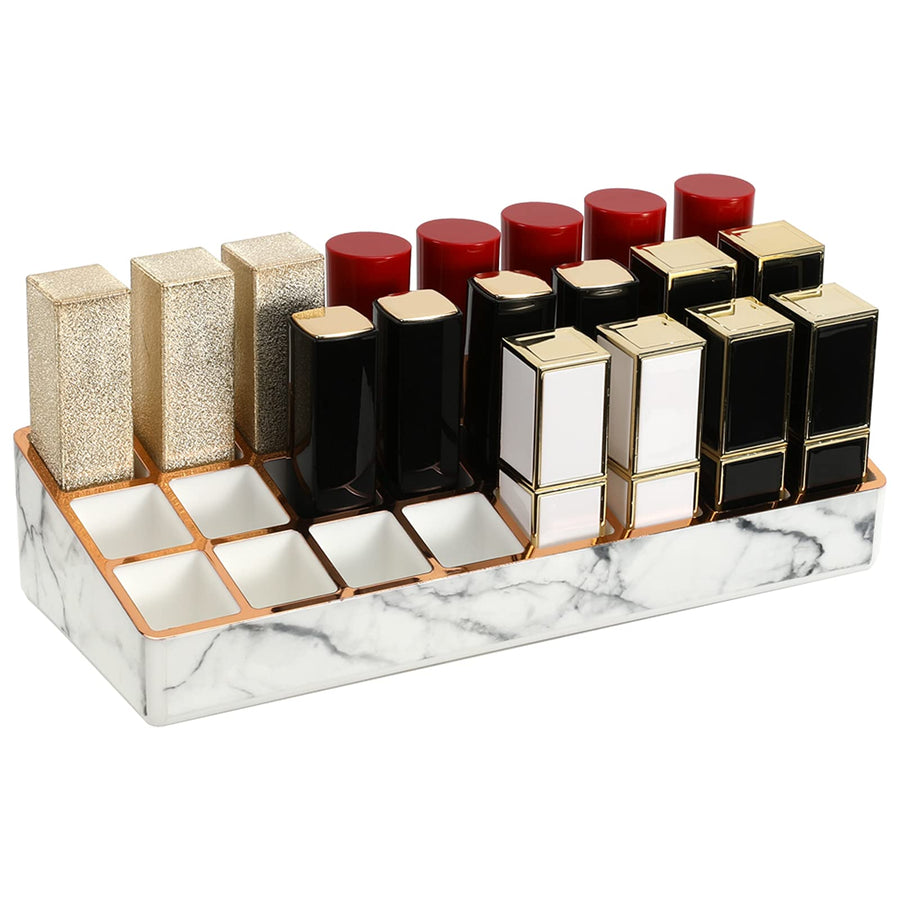 Lipstick Holder, 24 Slots Marble Lipstick Organizer Display Stand with Unique Gold-stamping Edges, Cosmetics Storage Display Case for Lipstick, Lip Gloss, Brushes, White Marble (P723314097671)