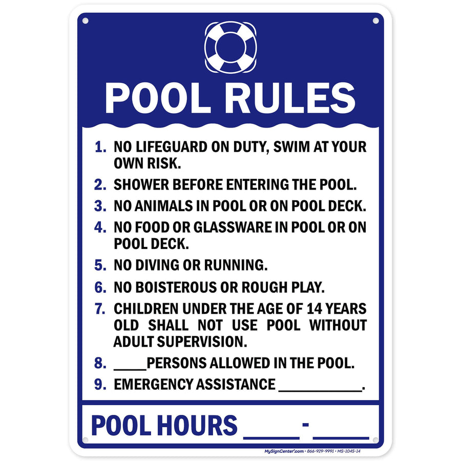 Pool Rules Sign, 10x14 Inches, Rust Free .040 Aluminum, Fade Resistant, Made in USA