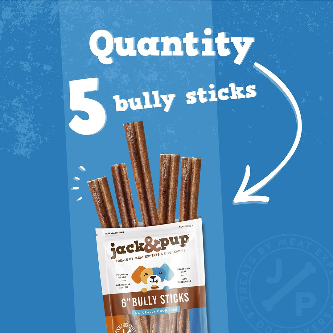 Jack&Pup 6 Inch Bully Sticks for Medium Dogs | Thick Odor Free Bully Sticks Long Lasting | All Natural, 100% Beef Pizzle Sticks (Thick 5, Pack)