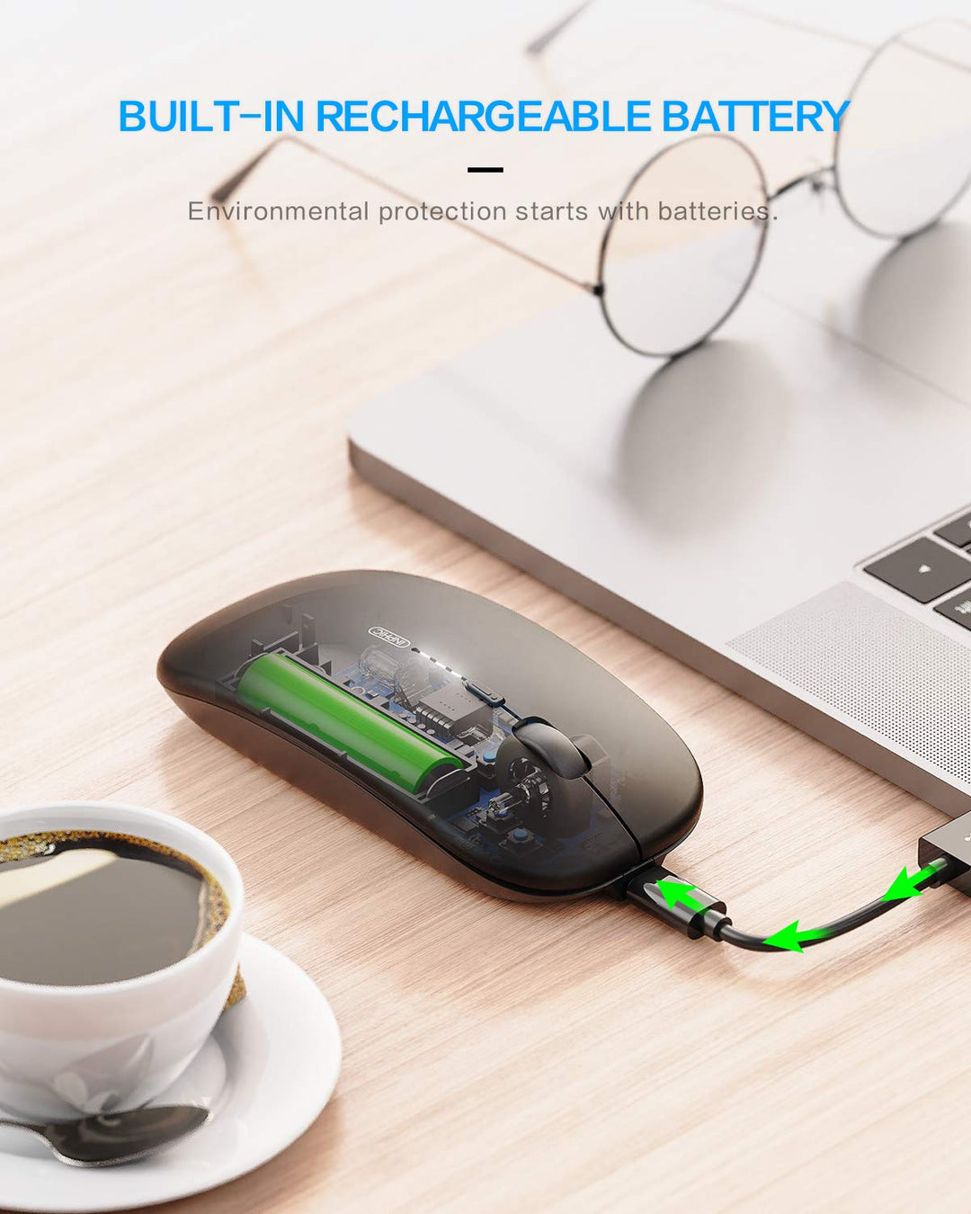 Wireless Mouse Rechargeable, 2.4G Slim Mouse 700mAh, Silent Computer Mouse with USB Receiver, 3 Adjustable DPI Travel Mouse