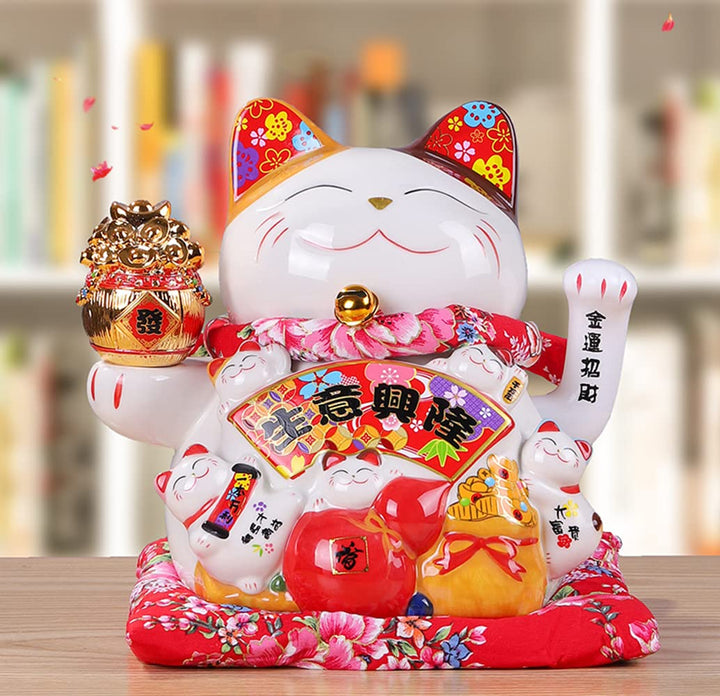7 Inches Lucky Fortune Cat- Feng Shui Lucky Cat, (Ceramic Swing arm Lucky cat) Suitable for Shop, Restaurant, Living Room and Home Decoration