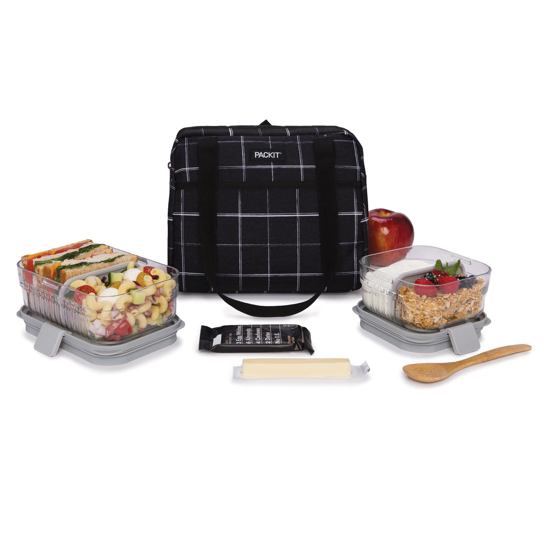 Freezable Hampton Lunch Bag, Black Grid, Built with EcoFreeze Technology, Collapsible, Reusable, Zip Closure with Front Pocket and Shoulder Straps, Perfect for Tweens and Adults