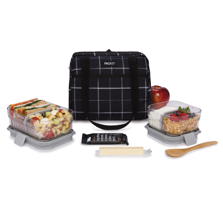 Freezable Hampton Lunch Bag, Black Grid, Built with EcoFreeze Technology, Collapsible, Reusable, Zip Closure with Front Pocket and Shoulder Straps, Perfect for Tweens and Adults