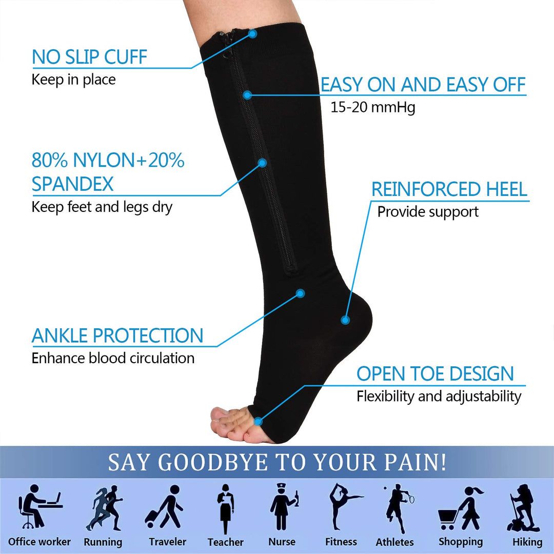 2 Pair Zipper Compression Socks for Women Men Open Toe Compression Socks Easy on