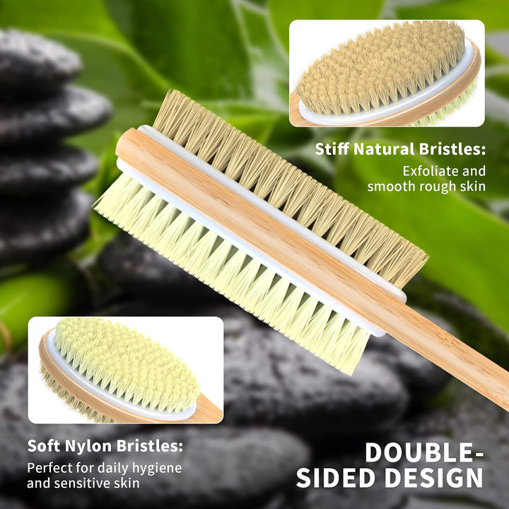 Bamboo Body Brush with Stiff and Soft Natural Bristles, Back Scrubber for Shower with Long Handle, Dual-Sided Brush Head for Wet or Dry Brushing, Exfoliating Skin and Clean The Body Easily