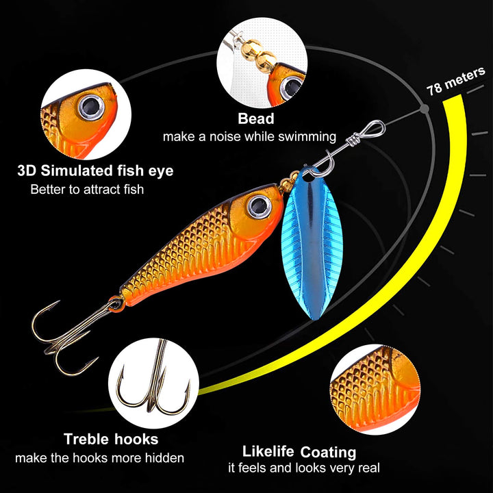 Fishing Lures, Fishing Spoon,Trout Lures, Bass Lures, Spinning Lures,Hard Metal Spinner Baits kit with Carry Bag, Fishing Gift for Men, Father's Day, Birthday