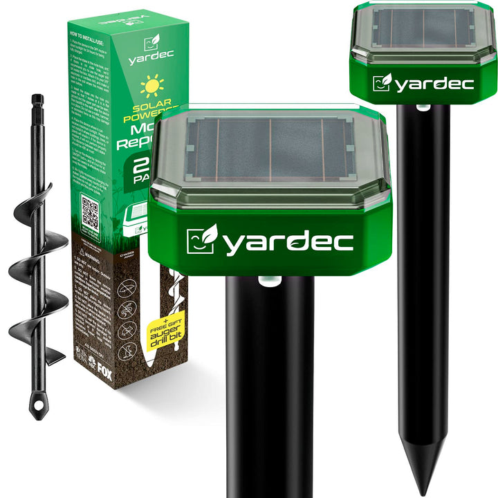 Gopher Repellent Ultrasonic Solar Powered (4-Pack) - Easy to Use Solar Mole Repellent Ultrasonic with an Auger Drill Bit - IP65 Waterproof Sonic Repeller Stakes for Groundhog, Vole, Snake, etc.
