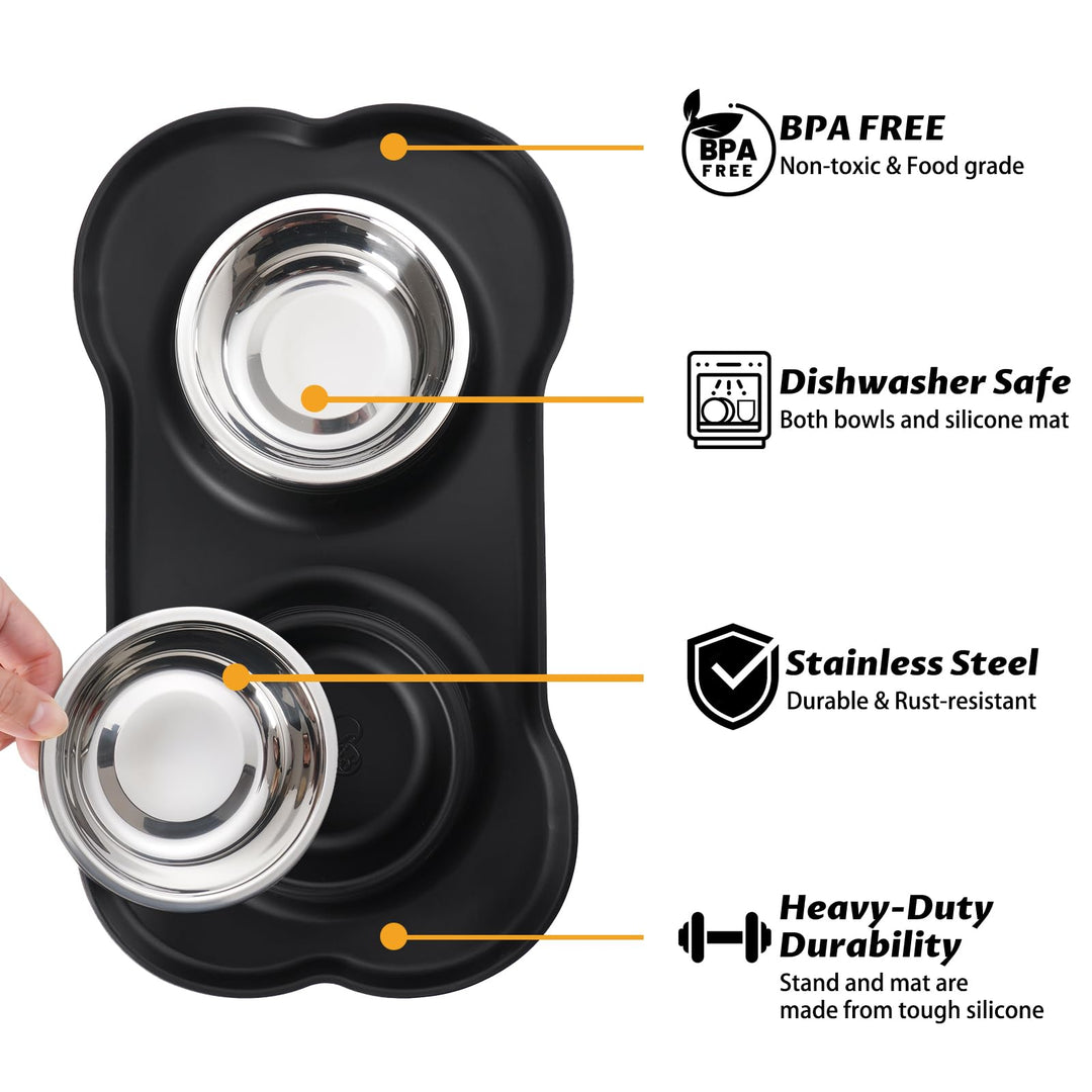 Pet Dog Bowls 2 Stainless Steel Dog Bowl with No Spill Non-Skid Silicone Mat + Pet Food Scoop Water and Food Feeder Bowls for Feeding Small Medium Large Dogs Cats Puppies (S, Black)