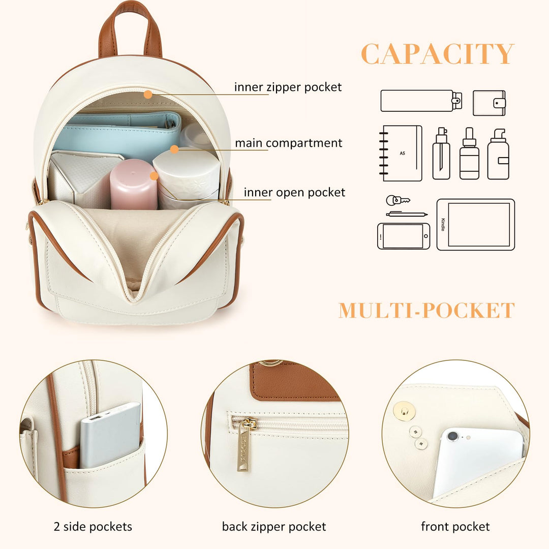 Mini Backpack for Women Girls Cute Bowknot Small Backpack Purse Ladies Leather Bookbag Satchel Bag, with Charm Tassel White&Brown