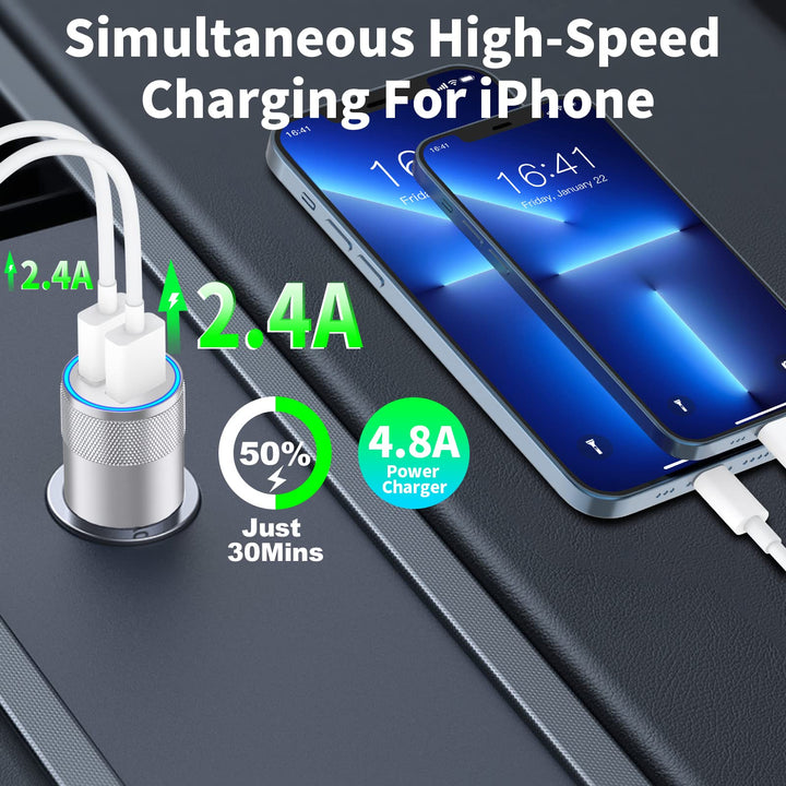 MFi CertifiediPhone Fast Car Charger, 4.8A Dual USB Power Car Charger Fast Charging Cigarette Lighter Adapter + 2Pack Lightning to USB Cable for iPhone 14 13 12 11 Pro/XS/XR/Mini/X/8/iPad