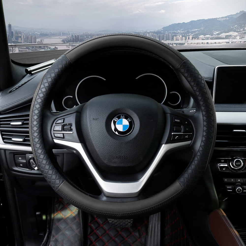 Leather Steering Wheel Cover Universal 15 inch Auto Car Steering Wheel Covers for Men Women with Anti-Slip Embossing Soft and Comfortable