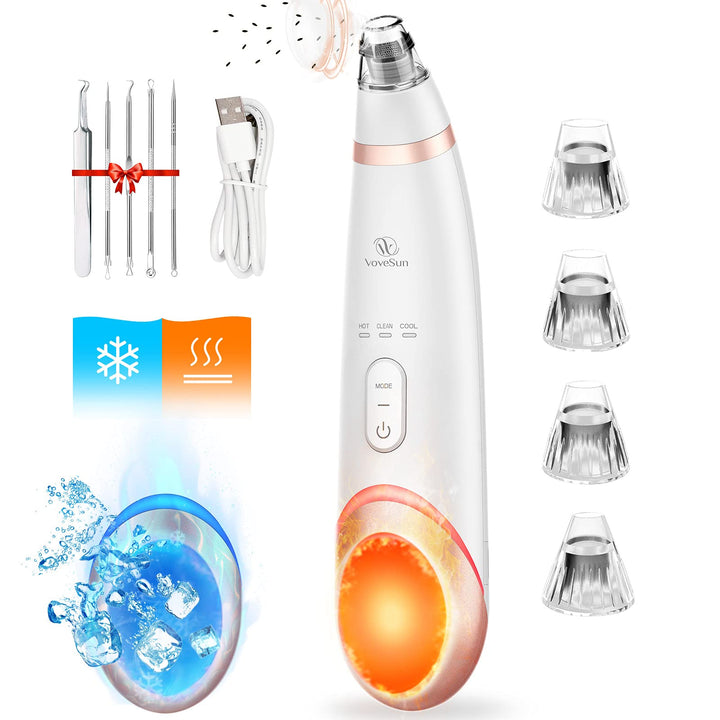 Blackhead Remover Pore Vacuum Hot Cold Compress Eyes Care Electric Facial Deep Cleanser Acne Comedone Whitehead Extractor Tool 4 Suction Power 5 Probes USB Rechargeable pimple Vacuum Kit for Women Men