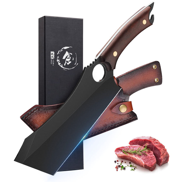 Meat Cleaver, 6.9 inch Black Boning Knife, High Carbon Steel Sharp Kitchen Forged In Fire Knife with Sheath Gift Box Bottle Opener for Outdoor Camping