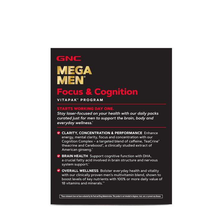 Mega Men Focus and Cognition Vitapak Program, Convenient, Complete Nutrition, 3 Products in 1 Packet, Clarity, Focus, Energy, Concentration, Works on Day One, 100mg Caffeine, 30 Daily Packs