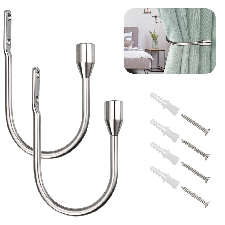 2 Pcs Metal Curtain Holdbacks, Decorative Wall Mounted Drapery Tiebacks with Screws, Heavy Duty Window Treatment Holdbacks for Home Decor, Silver