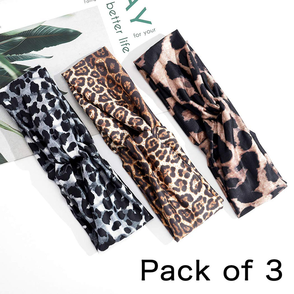 Boho Cross Leopard Headband Wide Elastic Turban Hair Band Yoga Head Wraps for Women and Girls (Pack of 3)