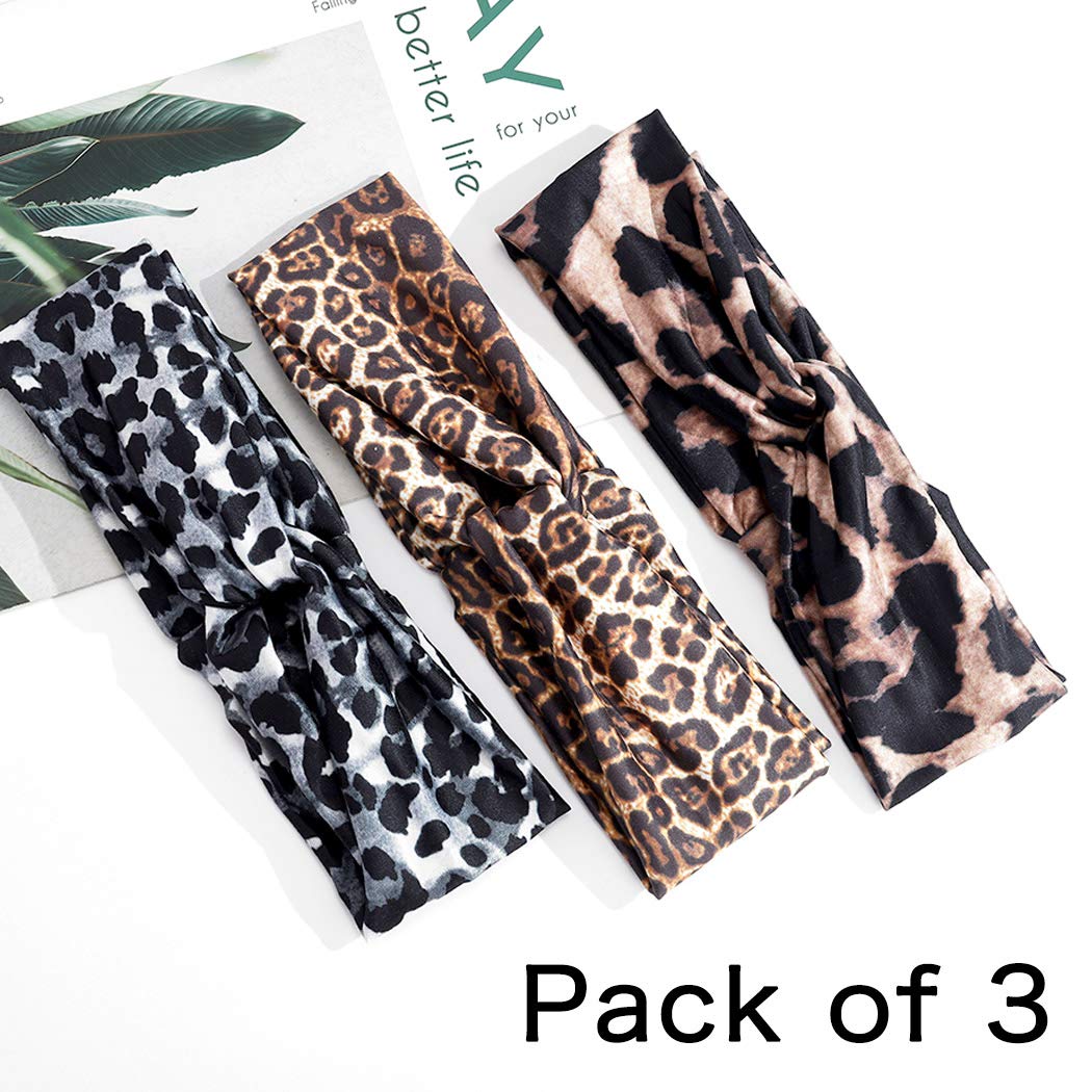 Boho Cross Leopard Headband Wide Elastic Turban Hair Band Yoga Head Wraps for Women and Girls (Pack of 3)