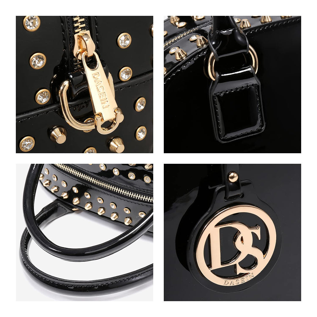 Women Patent Leather Purses Handbags Dome Satchel Purse Work Tote Structured Shoulder Bag with Long Strap (Dark coffee)