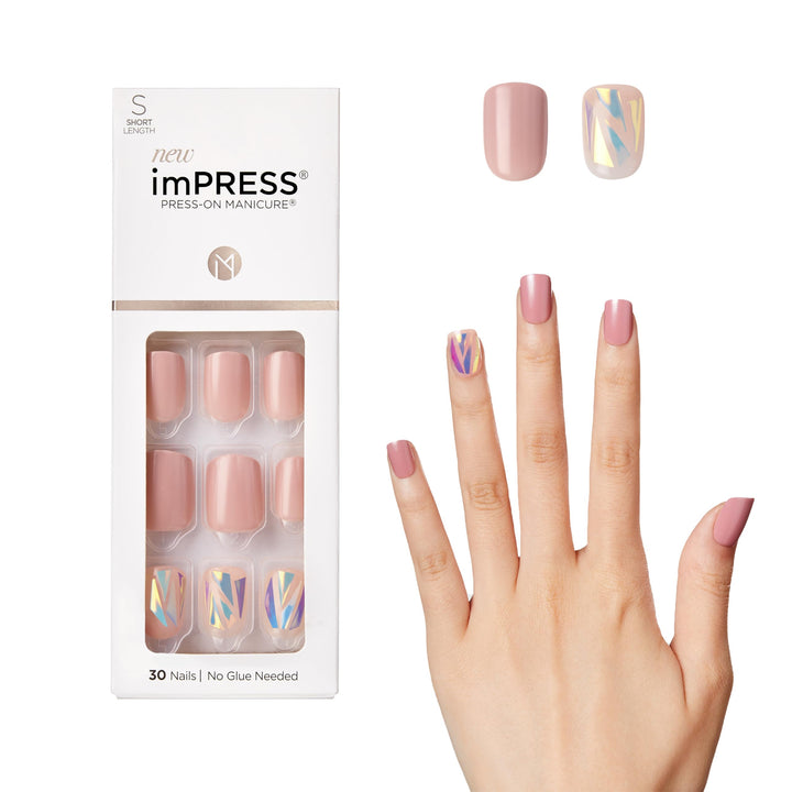 KISS No Glue Mani Press On Nails, Design, 'Miracle', Pink, Short Size, Squoval Shape, Includes 30 Nails, Prep Pad, Instructions Sheet, 1 Manicure Stick, 1 Mini File