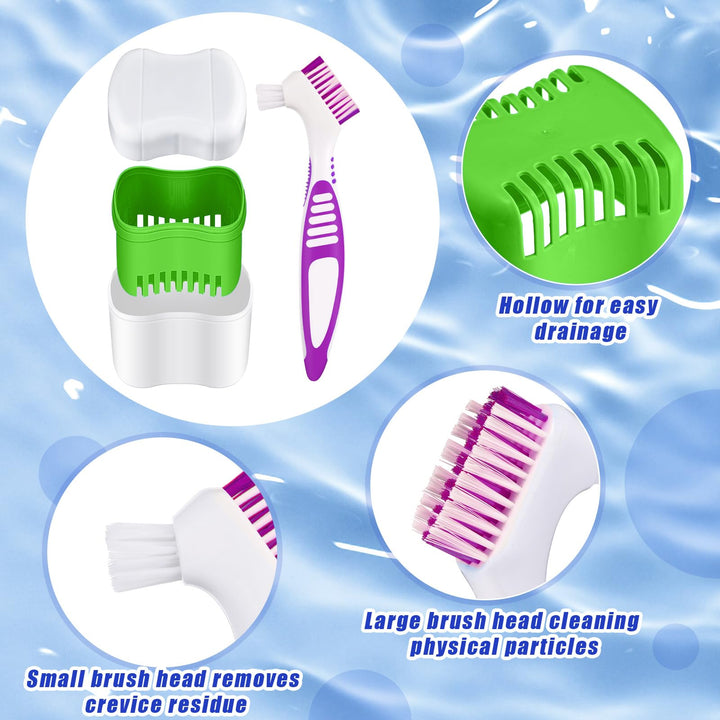 2 Denture Bath Cases with 2 Denture Cleaner Brushes Denture Boxes Dentures Container with Basket Denture Holder Brush Retainer Case for Travel Retainer Cleaning (Lake Blue, Light Green, Blue, Green)