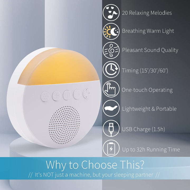 White Noise Machine with Adjustable Warm Night Light for Sleeping, 20 High Fidelity Sleep Machine Soundtracks, Timer and Memory Feature, Sound Machine for Baby, Adults, Home and Office