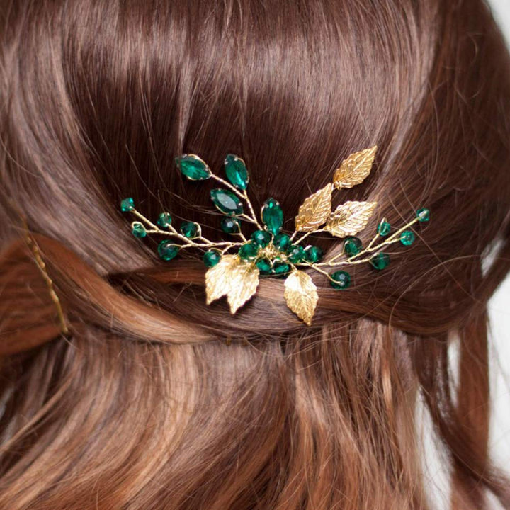Bridal Leaf Hair Comb Green Crystal Headpiece Vintage Emerald Wedding Bridesmaid Hair Accessories for Women and Girls