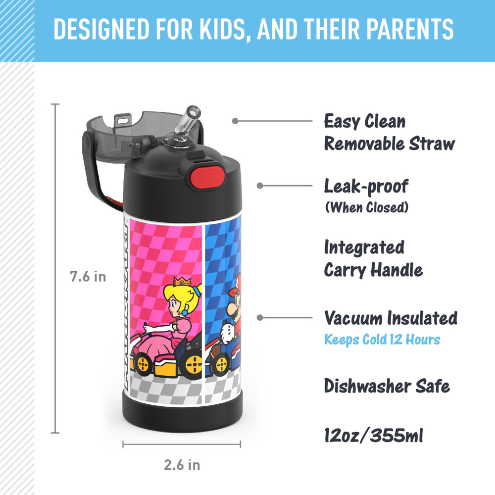 FUNTAINER Water Bottle with Straw - 12 Ounce, Super Mario Brothers - Kids Stainless Steel Vacuum Insulated Water Bottle with Lid(Style May Vary)