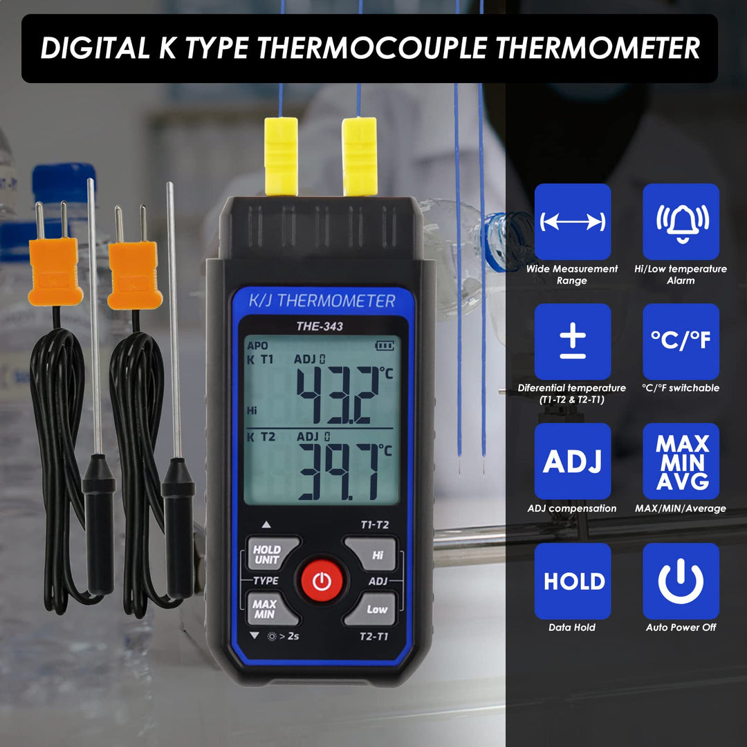 Thermocouple Thermometer Digital K Type Thermometer with 4 Thermocouples, -328~2500 Measuring Range HVAC Thermometer Dual Channels Temperature Meter Gauge with LED Backlight & ADJ Compensation