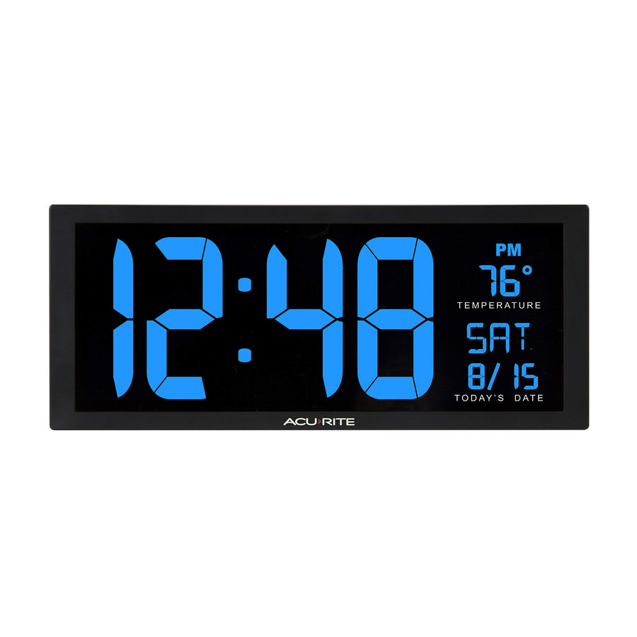 75152M Oversized Blue LED Clock with Indoor Temperature, Date and Fold-Out Stand, 14.5-Inch