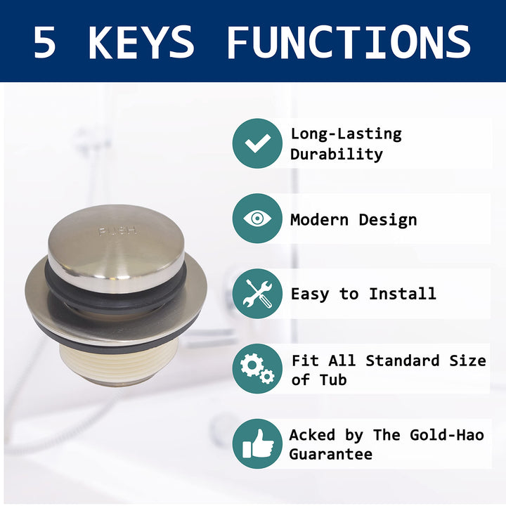 Gold-Hao-The-Bathroom Tip-Toe Bathtub Drain Stopper - Durable Pop Up Tub Drain Stopper, Tub Stopper, Bathtub Drain Pop Up Stopper, Easy Installation - Brushed Nickel