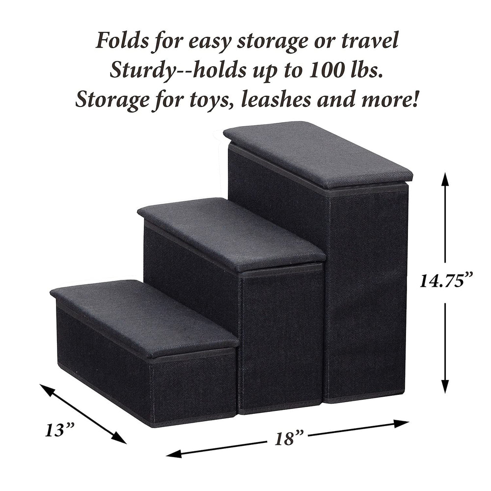 3-Step Pet Steps with Storage Fold Away Pet Stairs for Dogs Cats Fabric Upholstered Padded Tops - Black