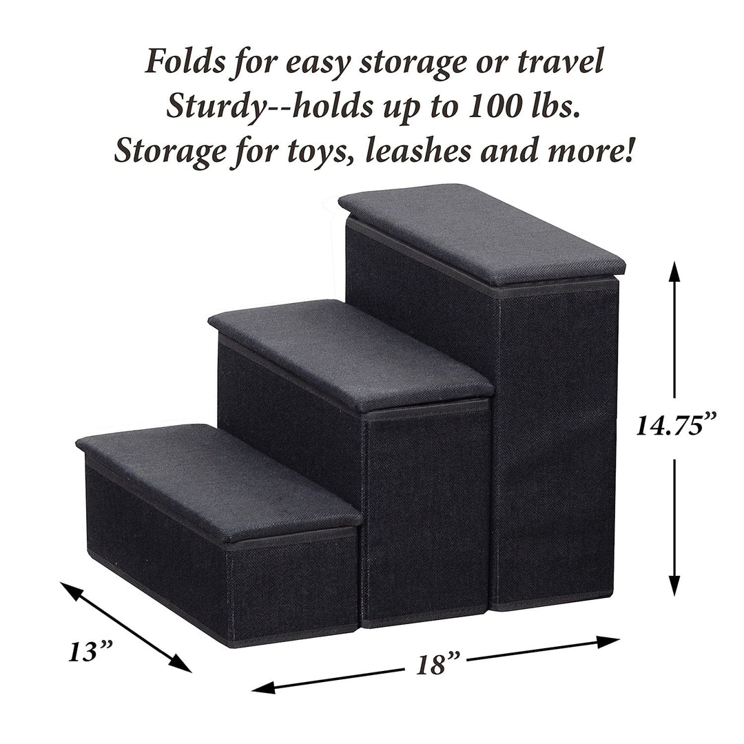 3-Step Pet Steps with Storage Fold Away Pet Stairs for Dogs Cats Fabric Upholstered Padded Tops - Black