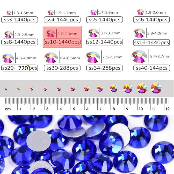 1440 Pieces SS10 Flatback Rhinestones, 2.8MM Flatback Nail Crystal Rhinestones for Craft Nails Dance Costumes, Non Hotfix Rhinestones (SS10 / 2.8MM, Blue/Sapphire)