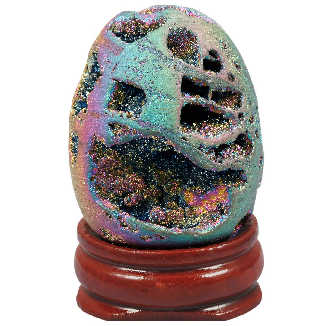 Druzy Agate Geode Gemstone Titanium Coated Aura Quartz Healing Crystal with Wood Stand Home Decoration,Egg Shape,Rainbow
