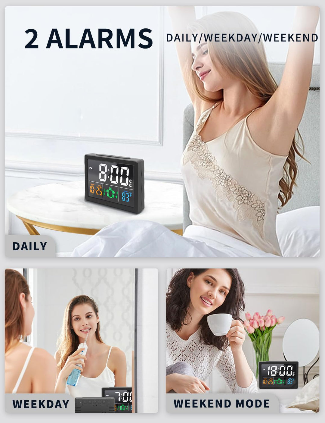 Digital Alarm Clock, with 5.5 Large LED Time Display, Adjustable Alarm Volume, 6 Level Brightness, Alarm Settings, USB Charger, Temperature Detect, Snooze, Clocks for Bedroom, Bedside, Desk, Black
