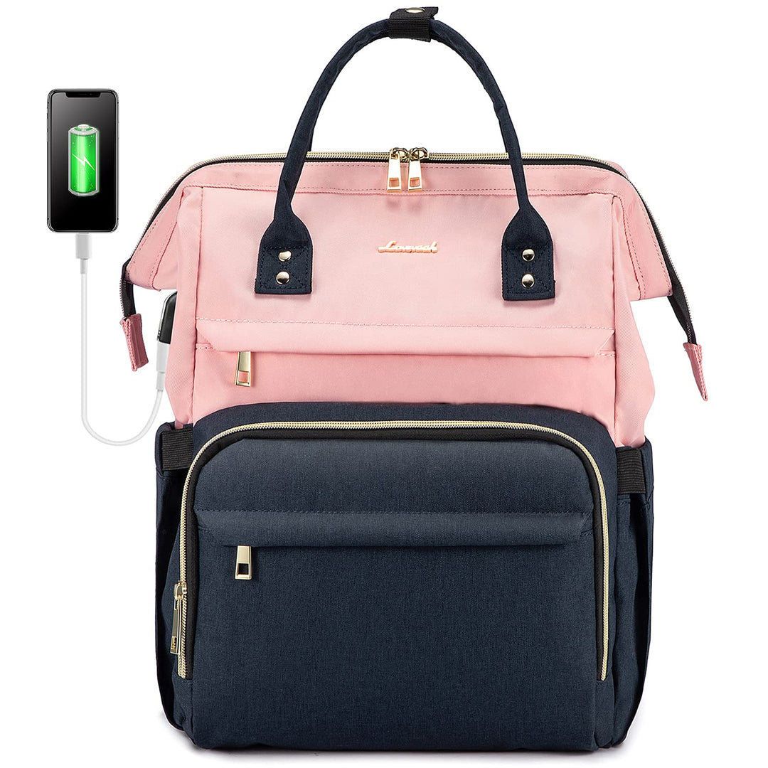 Laptop Backpack for Women Fashion Business Computer Backpacks Travel Bags Purse Doctor Nurse Work Backpack with USB Port, Fits 17-Inch Laptop Pink Navy