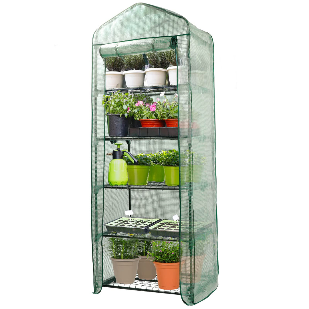 Garden 4 Tier Mini Greenhouse - 63'' H x 27'' L x 19'' W - Sturdy Portable Gardening Shelves with Durable PE Cover w/ Roll-Up Zipper Door- Small Green House Indoor & Outdoor for Plants Flowers