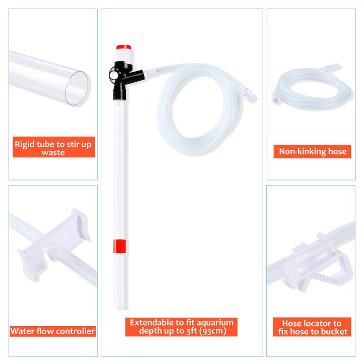 Aquarium Gravel Cleaner, Fish Tank Siphon Cleaner, Long Nozzle Quick Water Changer for Water Changing and Filter Gravel Cleaning with Adjustable Water Flow Controller