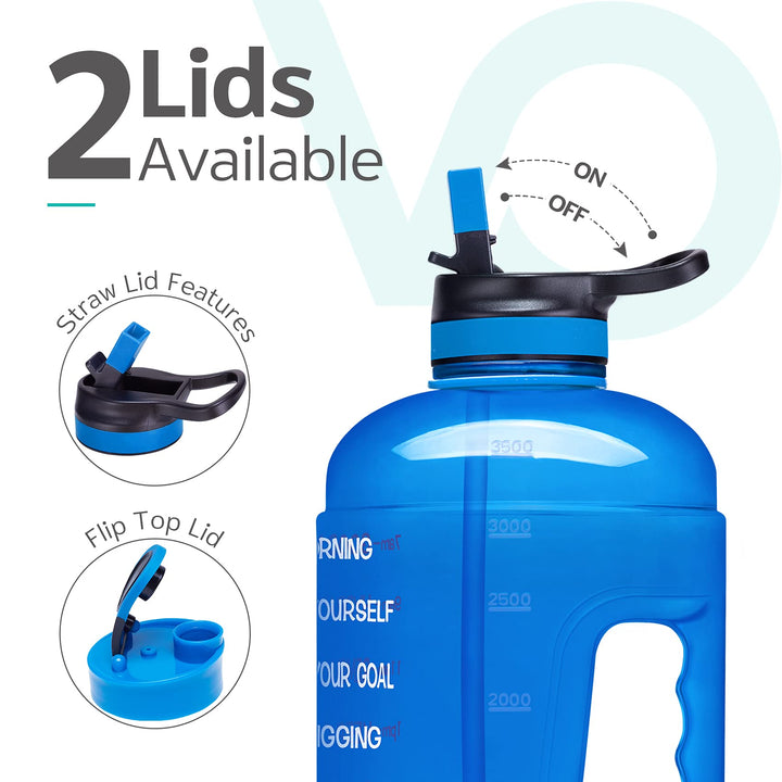 Half Gallon Water Bottle with 2 Lids, Large 64 oz Water Jug with Motivational Time Marker to Ensure You Drink Enough Water-Deep Blue