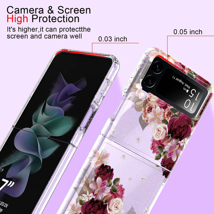 Galaxy Z Flip 3 Case,Glitter Clear Sparkly Bling TPU Built-in Non-Slip Mat Impact Resistant Shockproof Hybrid Full Body Protective Case Cover for Samsung Galaxy Z Flip 3 5G 2021 (Flower)