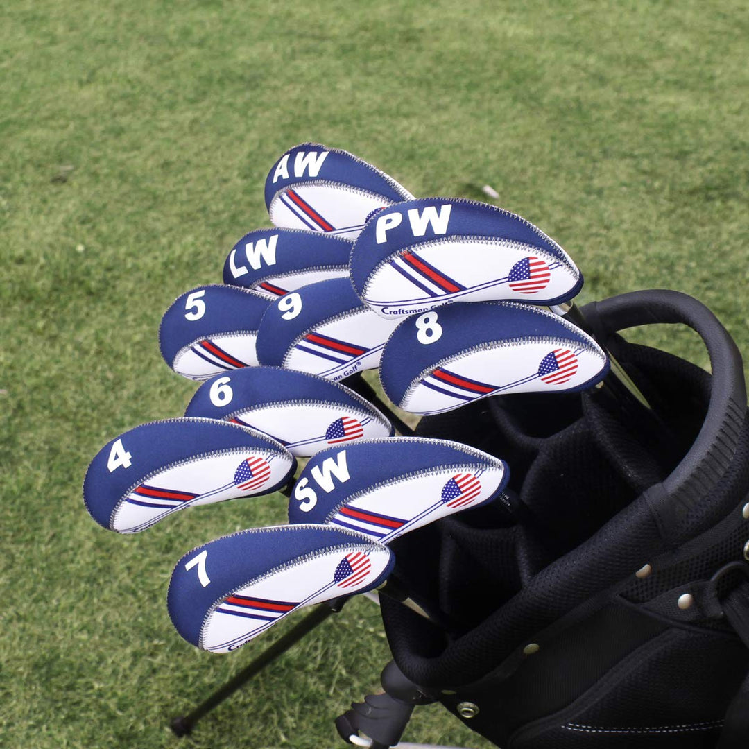White & Blue US Flag Neoprene Golf Club Head Cover Wedge Iron Protective Headcover for Callaway, Ping, Taylormade, Cobra, Etc.