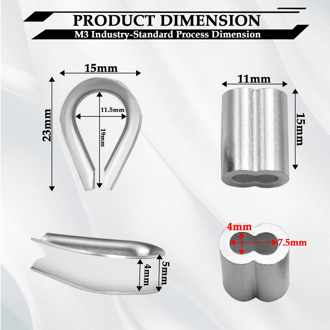 304 Stainless Steel Wire Rope Accessory Set M3 Cable Clamp Silver Thimble and Aluminum Crimping Loop for 1/8 Inch Wire Rope Cable Thimbles Rigging